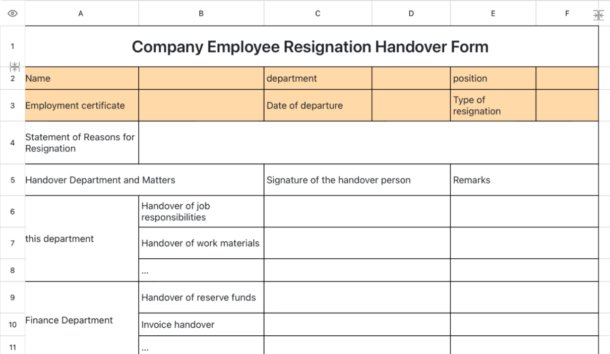 Company Employee Resignation Handover Form
